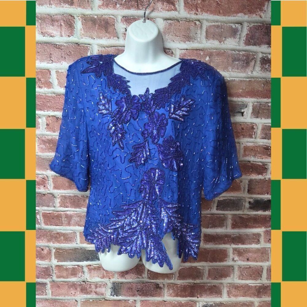 Vintage 80s JRT James River‎ Silk Top Large Blue Floral Mesh Neckline
